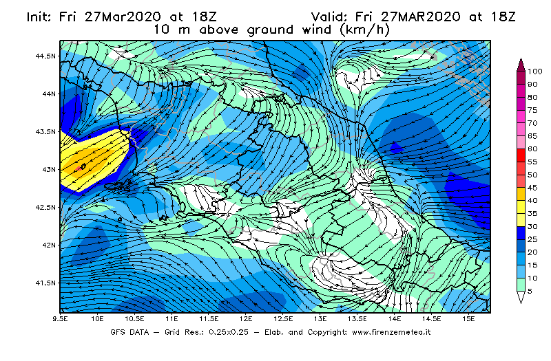 Mappa di analisi GFS - Velocità del vento a 10 metri dal suolo [km/h] in Centro-Italia
									del 27/03/2020 18 <!--googleoff: index-->UTC<!--googleon: index-->