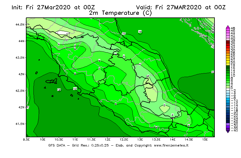 Mappa di analisi GFS - Temperatura a 2 metri dal suolo [°C] in Centro-Italia
									del 27/03/2020 00 <!--googleoff: index-->UTC<!--googleon: index-->