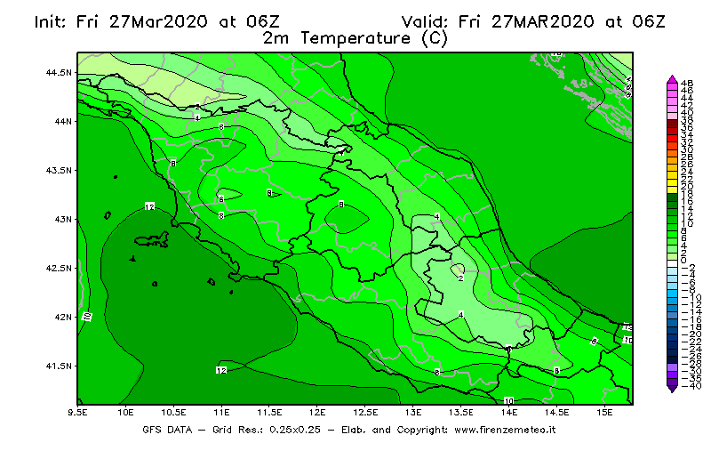 Mappa di analisi GFS - Temperatura a 2 metri dal suolo [°C] in Centro-Italia
									del 27/03/2020 06 <!--googleoff: index-->UTC<!--googleon: index-->