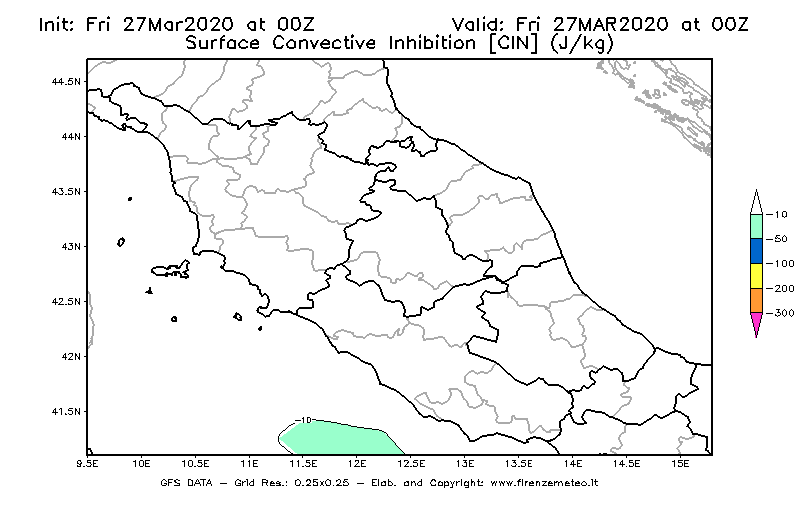 Mappa di analisi GFS - CIN [J/kg] in Centro-Italia
									del 27/03/2020 00 <!--googleoff: index-->UTC<!--googleon: index-->