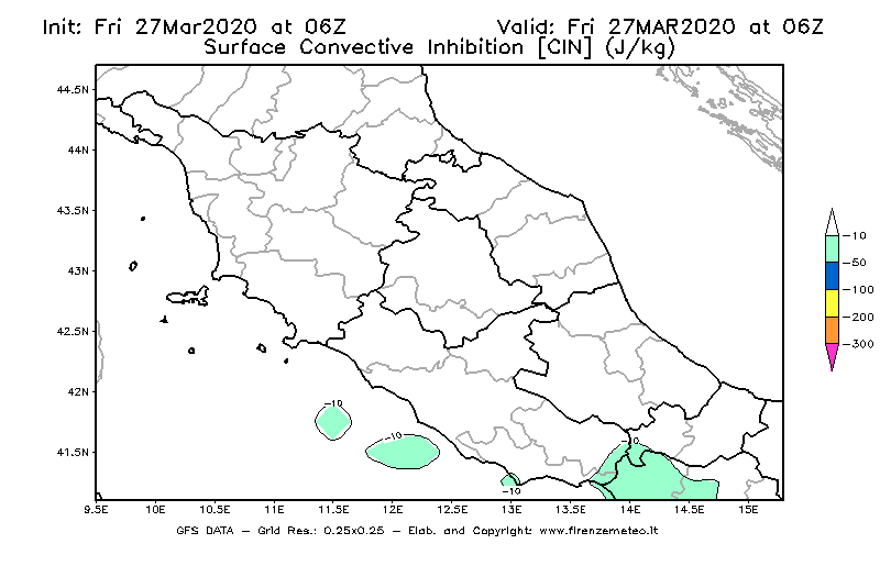 Mappa di analisi GFS - CIN [J/kg] in Centro-Italia
									del 27/03/2020 06 <!--googleoff: index-->UTC<!--googleon: index-->