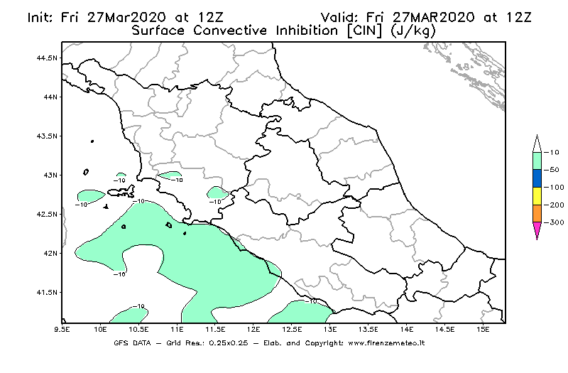 Mappa di analisi GFS - CIN [J/kg] in Centro-Italia
									del 27/03/2020 12 <!--googleoff: index-->UTC<!--googleon: index-->