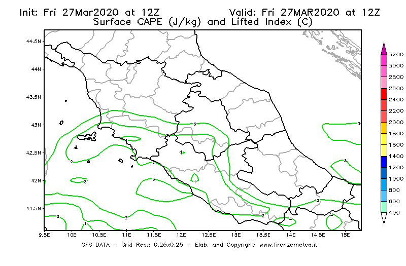 Mappa di analisi GFS - CAPE [J/kg] e Lifted Index [°C] in Centro-Italia
									del 27/03/2020 12 <!--googleoff: index-->UTC<!--googleon: index-->