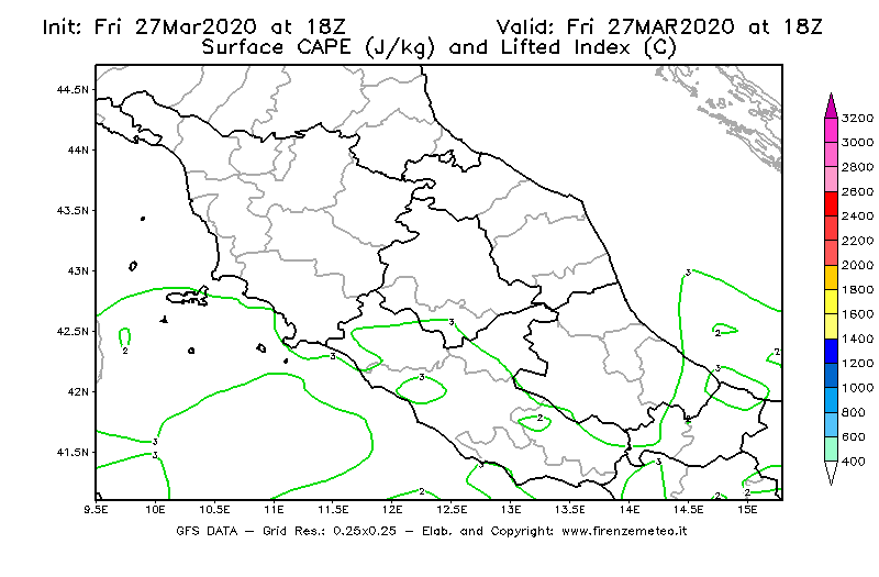Mappa di analisi GFS - CAPE [J/kg] e Lifted Index [°C] in Centro-Italia
									del 27/03/2020 18 <!--googleoff: index-->UTC<!--googleon: index-->
