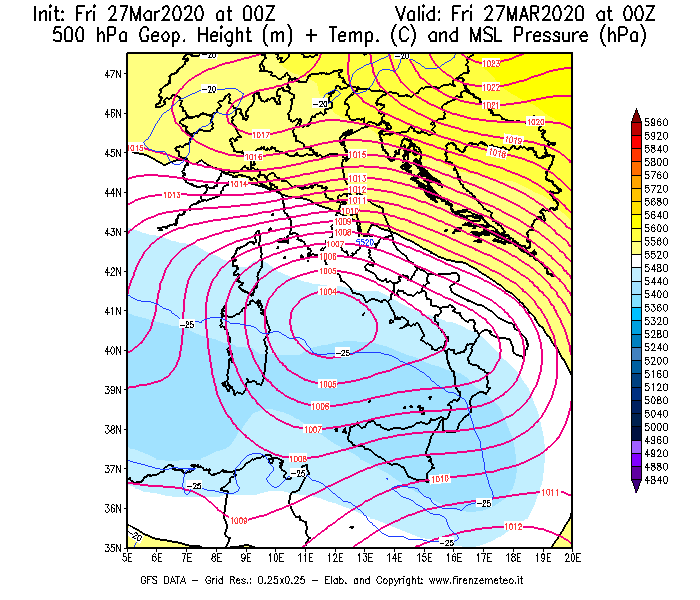 Mappa di analisi GFS - Geopotenziale [m] + Temp. [°C] a 500 hPa + Press. a livello del mare [hPa] in Italia
									del 27/03/2020 00 <!--googleoff: index-->UTC<!--googleon: index-->