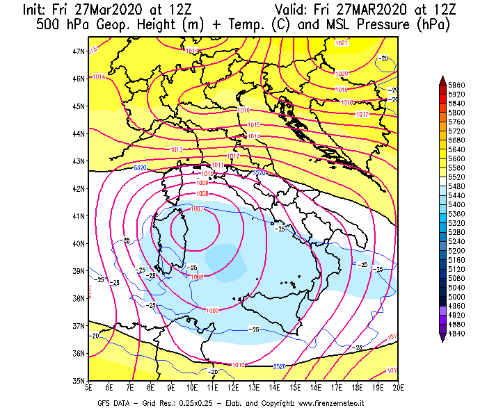 Mappa di analisi GFS - Geopotenziale [m] + Temp. [°C] a 500 hPa + Press. a livello del mare [hPa] in Italia
									del 27/03/2020 12 <!--googleoff: index-->UTC<!--googleon: index-->