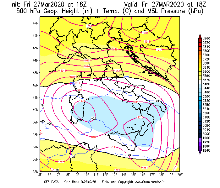 Mappa di analisi GFS - Geopotenziale [m] + Temp. [°C] a 500 hPa + Press. a livello del mare [hPa] in Italia
									del 27/03/2020 18 <!--googleoff: index-->UTC<!--googleon: index-->