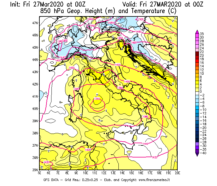 Mappa di analisi GFS - Geopotenziale [m] e Temperatura [°C] a 850 hPa in Italia
									del 27/03/2020 00 <!--googleoff: index-->UTC<!--googleon: index-->