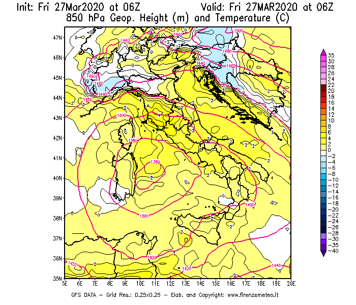 Mappa di analisi GFS - Geopotenziale [m] e Temperatura [°C] a 850 hPa in Italia
									del 27/03/2020 06 <!--googleoff: index-->UTC<!--googleon: index-->