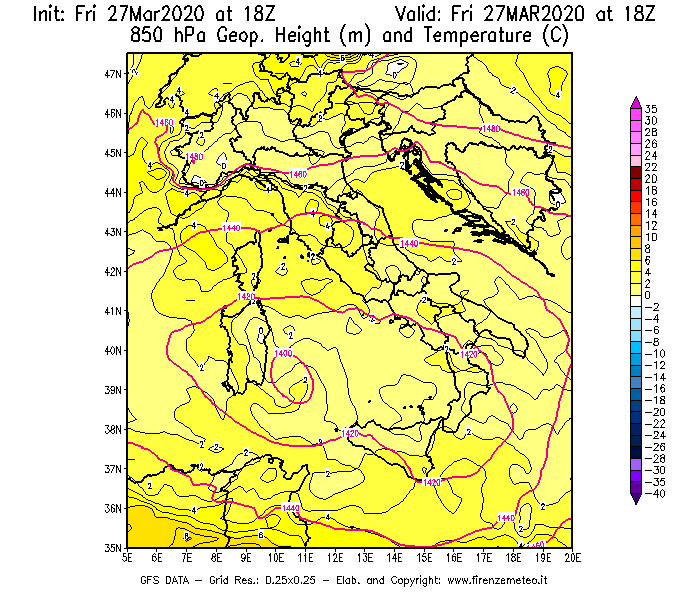 Mappa di analisi GFS - Geopotenziale [m] e Temperatura [°C] a 850 hPa in Italia
									del 27/03/2020 18 <!--googleoff: index-->UTC<!--googleon: index-->