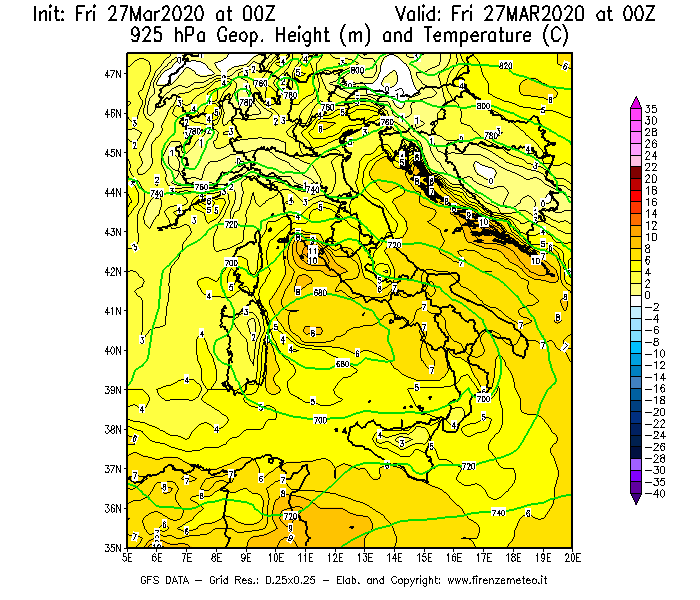 Mappa di analisi GFS - Geopotenziale [m] e Temperatura [°C] a 925 hPa in Italia
									del 27/03/2020 00 <!--googleoff: index-->UTC<!--googleon: index-->