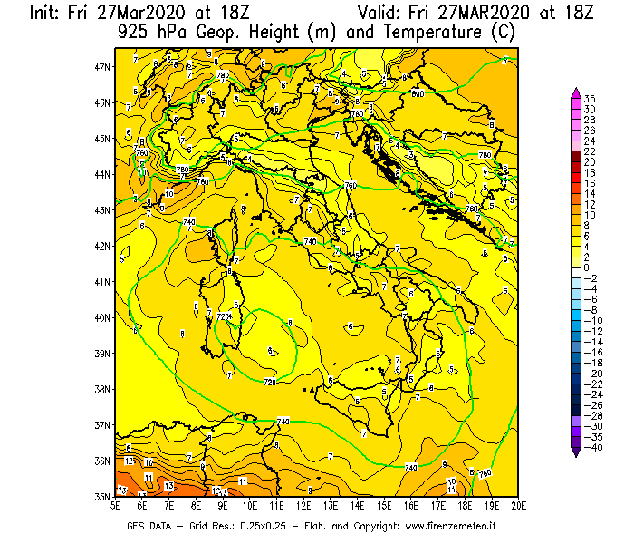 Mappa di analisi GFS - Geopotenziale [m] e Temperatura [°C] a 925 hPa in Italia
									del 27/03/2020 18 <!--googleoff: index-->UTC<!--googleon: index-->