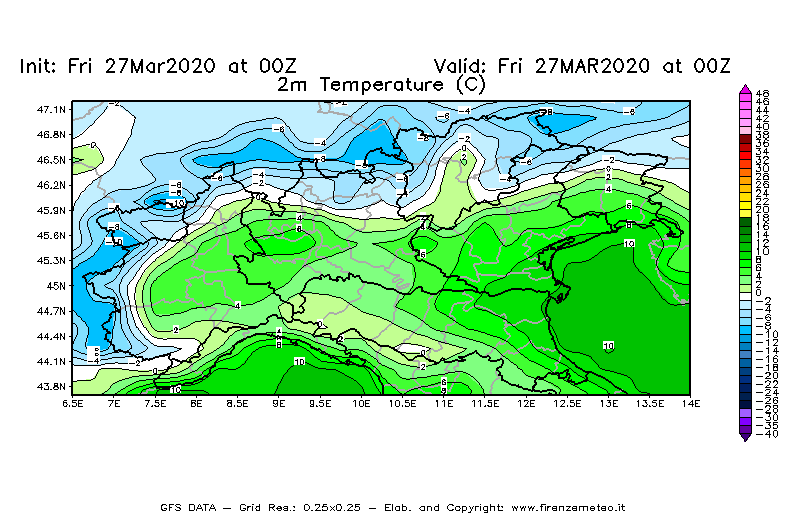 Mappa di analisi GFS - Temperatura a 2 metri dal suolo [°C] in Nord-Italia
									del 27/03/2020 00 <!--googleoff: index-->UTC<!--googleon: index-->