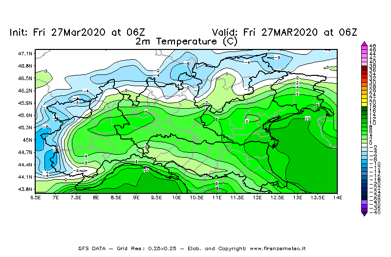 Mappa di analisi GFS - Temperatura a 2 metri dal suolo [°C] in Nord-Italia
									del 27/03/2020 06 <!--googleoff: index-->UTC<!--googleon: index-->