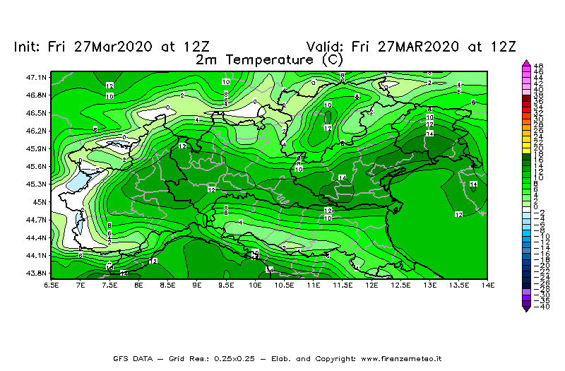 Mappa di analisi GFS - Temperatura a 2 metri dal suolo [°C] in Nord-Italia
									del 27/03/2020 12 <!--googleoff: index-->UTC<!--googleon: index-->