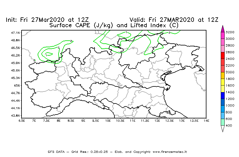 Mappa di analisi GFS - CAPE [J/kg] e Lifted Index [°C] in Nord-Italia
									del 27/03/2020 12 <!--googleoff: index-->UTC<!--googleon: index-->