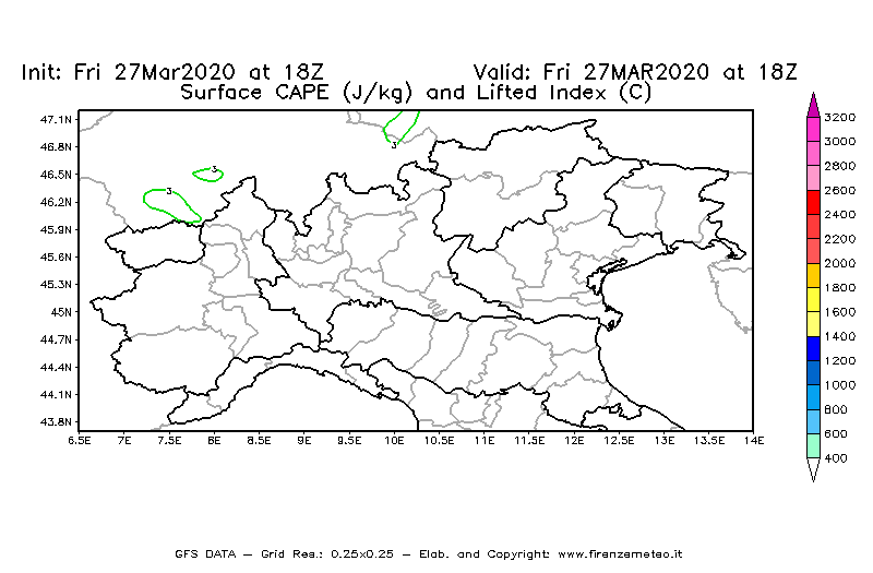 Mappa di analisi GFS - CAPE [J/kg] e Lifted Index [°C] in Nord-Italia
									del 27/03/2020 18 <!--googleoff: index-->UTC<!--googleon: index-->