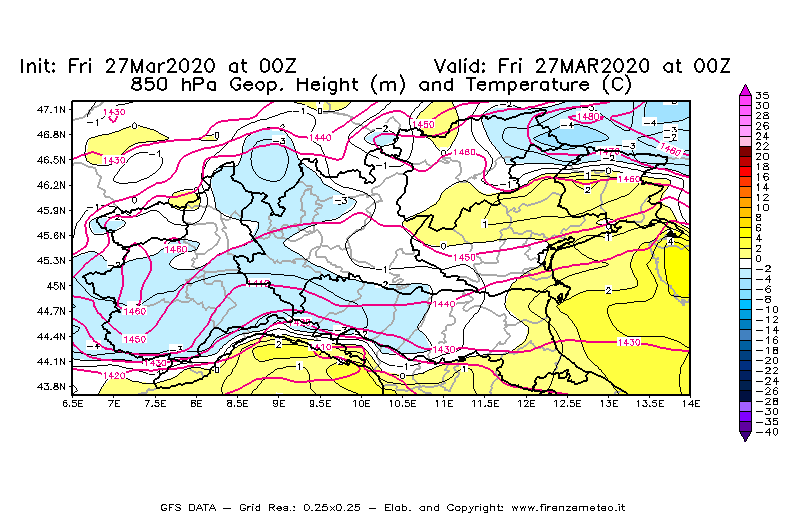 Mappa di analisi GFS - Geopotenziale [m] e Temperatura [°C] a 850 hPa in Nord-Italia
									del 27/03/2020 00 <!--googleoff: index-->UTC<!--googleon: index-->