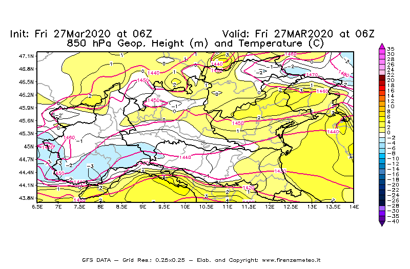 Mappa di analisi GFS - Geopotenziale [m] e Temperatura [°C] a 850 hPa in Nord-Italia
									del 27/03/2020 06 <!--googleoff: index-->UTC<!--googleon: index-->