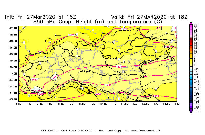 Mappa di analisi GFS - Geopotenziale [m] e Temperatura [°C] a 850 hPa in Nord-Italia
									del 27/03/2020 18 <!--googleoff: index-->UTC<!--googleon: index-->