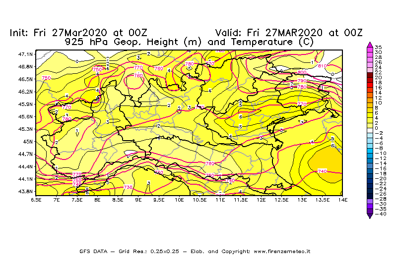 Mappa di analisi GFS - Geopotenziale [m] e Temperatura [°C] a 925 hPa in Nord-Italia
									del 27/03/2020 00 <!--googleoff: index-->UTC<!--googleon: index-->