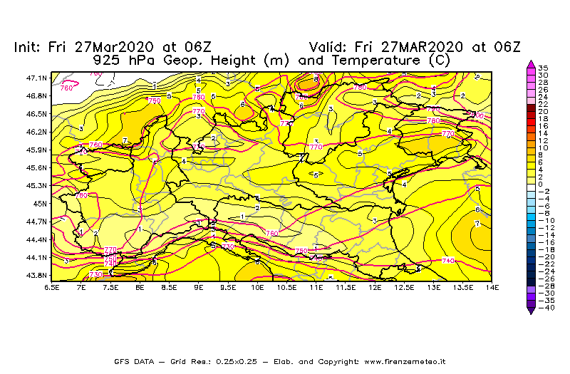 Mappa di analisi GFS - Geopotenziale [m] e Temperatura [°C] a 925 hPa in Nord-Italia
									del 27/03/2020 06 <!--googleoff: index-->UTC<!--googleon: index-->