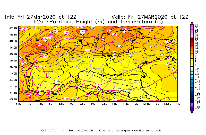 Mappa di analisi GFS - Geopotenziale [m] e Temperatura [°C] a 925 hPa in Nord-Italia
									del 27/03/2020 12 <!--googleoff: index-->UTC<!--googleon: index-->