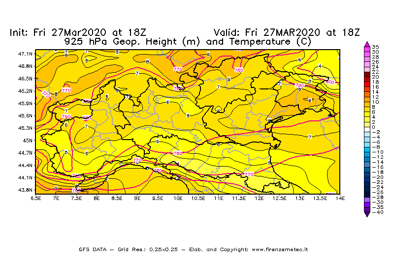 Mappa di analisi GFS - Geopotenziale [m] e Temperatura [°C] a 925 hPa in Nord-Italia
									del 27/03/2020 18 <!--googleoff: index-->UTC<!--googleon: index-->