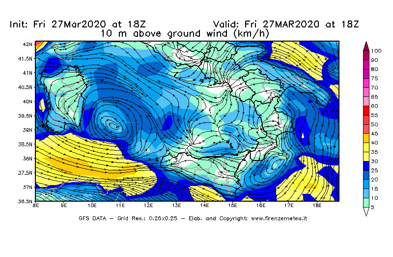 Mappa di analisi GFS - Velocità del vento a 10 metri dal suolo [km/h] in Sud-Italia
									del 27/03/2020 18 <!--googleoff: index-->UTC<!--googleon: index-->