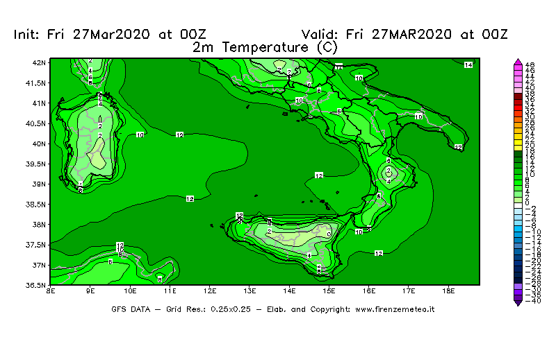 Mappa di analisi GFS - Temperatura a 2 metri dal suolo [°C] in Sud-Italia
									del 27/03/2020 00 <!--googleoff: index-->UTC<!--googleon: index-->