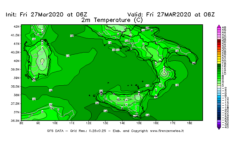Mappa di analisi GFS - Temperatura a 2 metri dal suolo [°C] in Sud-Italia
									del 27/03/2020 06 <!--googleoff: index-->UTC<!--googleon: index-->