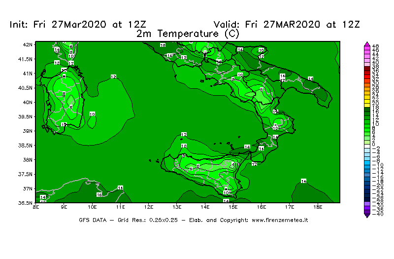 Mappa di analisi GFS - Temperatura a 2 metri dal suolo [°C] in Sud-Italia
									del 27/03/2020 12 <!--googleoff: index-->UTC<!--googleon: index-->