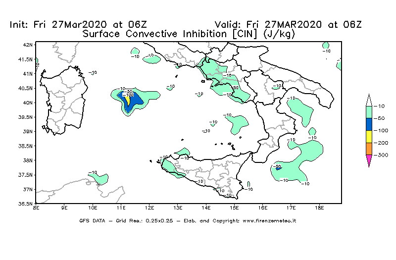 Mappa di analisi GFS - CIN [J/kg] in Sud-Italia
									del 27/03/2020 06 <!--googleoff: index-->UTC<!--googleon: index-->
