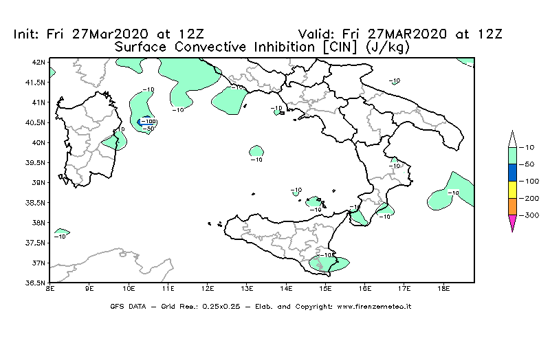 Mappa di analisi GFS - CIN [J/kg] in Sud-Italia
									del 27/03/2020 12 <!--googleoff: index-->UTC<!--googleon: index-->