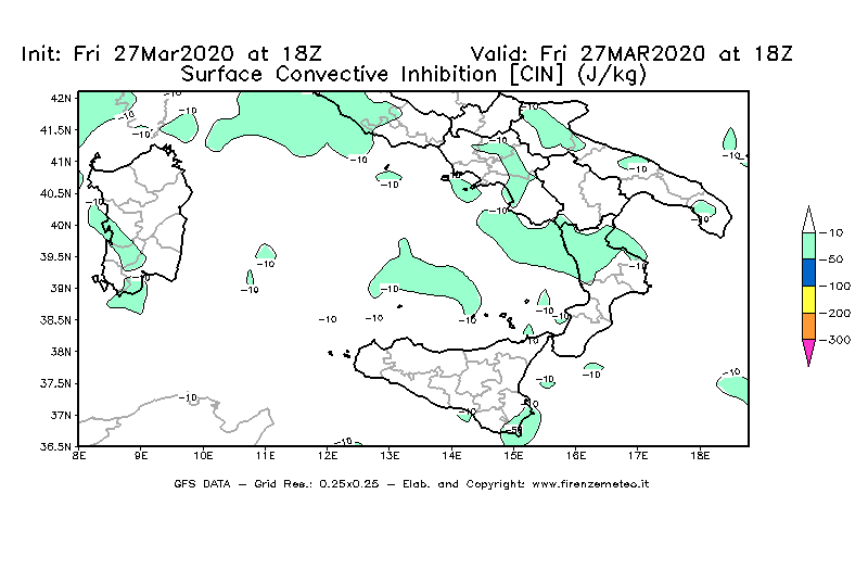 Mappa di analisi GFS - CIN [J/kg] in Sud-Italia
									del 27/03/2020 18 <!--googleoff: index-->UTC<!--googleon: index-->