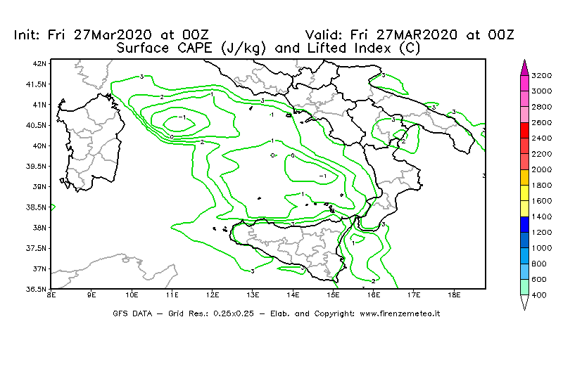 Mappa di analisi GFS - CAPE [J/kg] e Lifted Index [°C] in Sud-Italia
									del 27/03/2020 00 <!--googleoff: index-->UTC<!--googleon: index-->