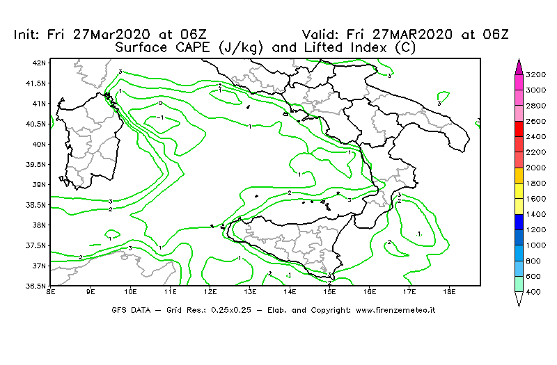 Mappa di analisi GFS - CAPE [J/kg] e Lifted Index [°C] in Sud-Italia
									del 27/03/2020 06 <!--googleoff: index-->UTC<!--googleon: index-->