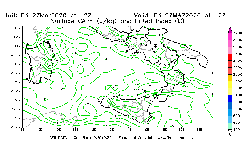 Mappa di analisi GFS - CAPE [J/kg] e Lifted Index [°C] in Sud-Italia
									del 27/03/2020 12 <!--googleoff: index-->UTC<!--googleon: index-->