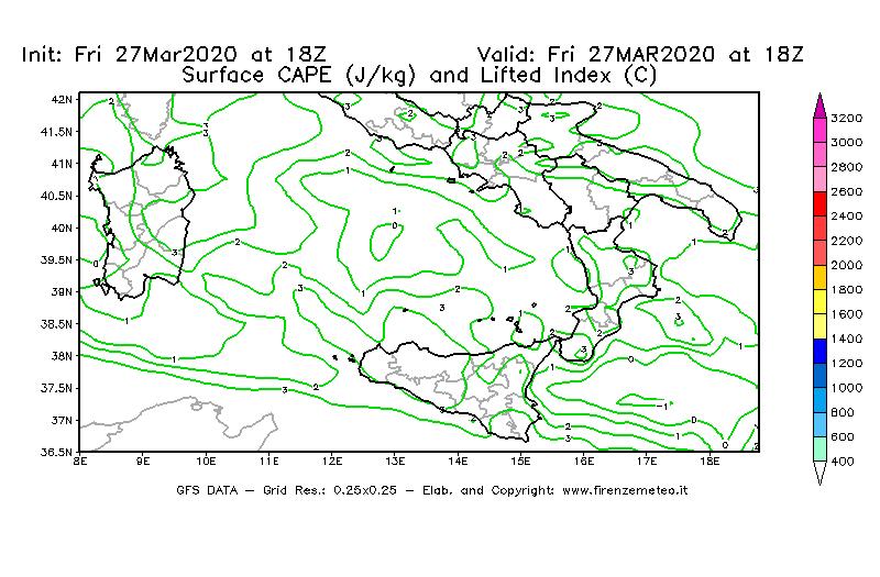 Mappa di analisi GFS - CAPE [J/kg] e Lifted Index [°C] in Sud-Italia
									del 27/03/2020 18 <!--googleoff: index-->UTC<!--googleon: index-->