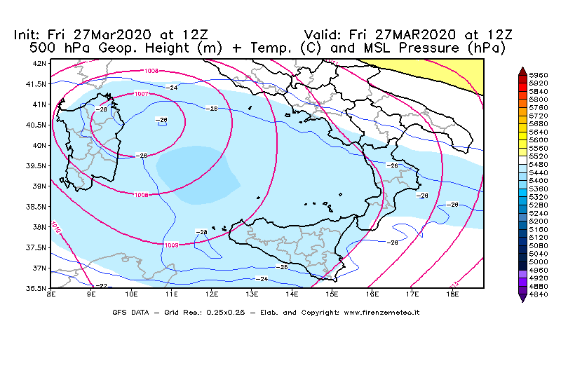 Mappa di analisi GFS - Geopotenziale [m] + Temp. [°C] a 500 hPa + Press. a livello del mare [hPa] in Sud-Italia
									del 27/03/2020 12 <!--googleoff: index-->UTC<!--googleon: index-->