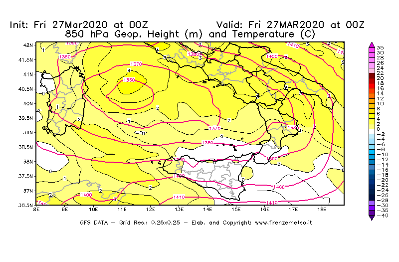 Mappa di analisi GFS - Geopotenziale [m] e Temperatura [°C] a 850 hPa in Sud-Italia
									del 27/03/2020 00 <!--googleoff: index-->UTC<!--googleon: index-->
