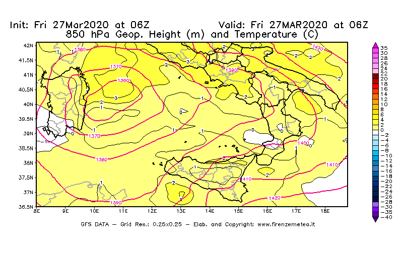 Mappa di analisi GFS - Geopotenziale [m] e Temperatura [°C] a 850 hPa in Sud-Italia
									del 27/03/2020 06 <!--googleoff: index-->UTC<!--googleon: index-->