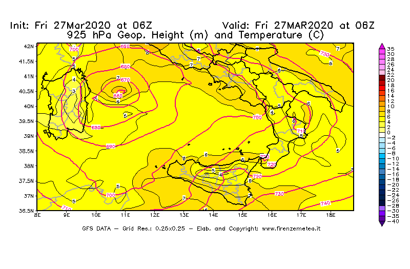 Mappa di analisi GFS - Geopotenziale [m] e Temperatura [°C] a 925 hPa in Sud-Italia
									del 27/03/2020 06 <!--googleoff: index-->UTC<!--googleon: index-->
