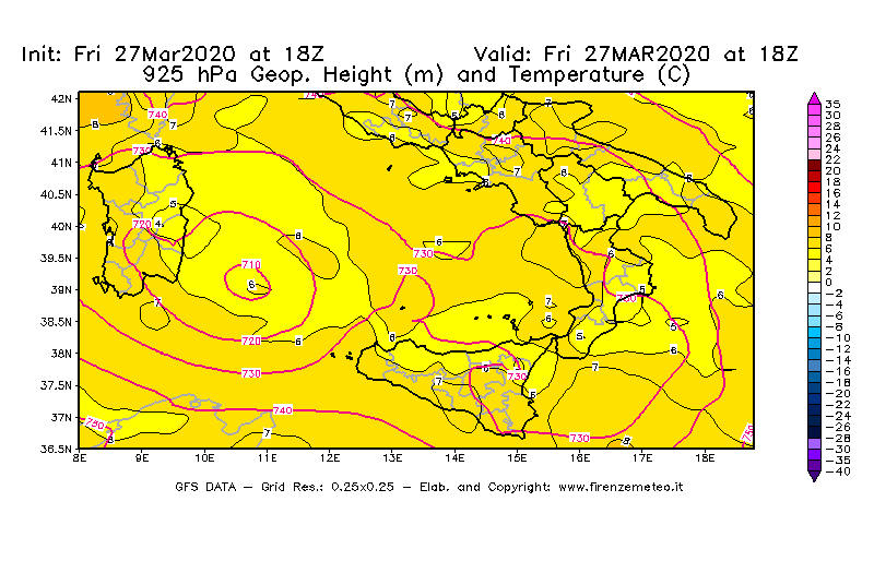 Mappa di analisi GFS - Geopotenziale [m] e Temperatura [°C] a 925 hPa in Sud-Italia
									del 27/03/2020 18 <!--googleoff: index-->UTC<!--googleon: index-->