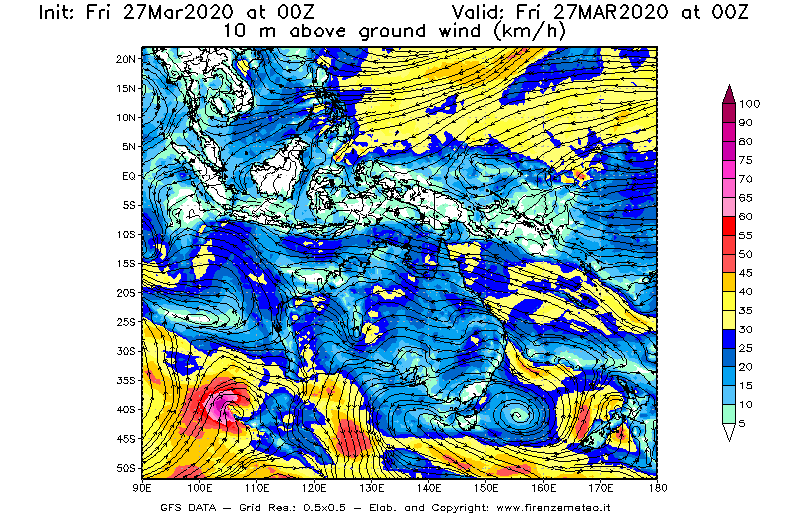 Mappa di analisi GFS - Velocità del vento a 10 metri dal suolo [km/h] in Oceania
									del 27/03/2020 00 <!--googleoff: index-->UTC<!--googleon: index-->