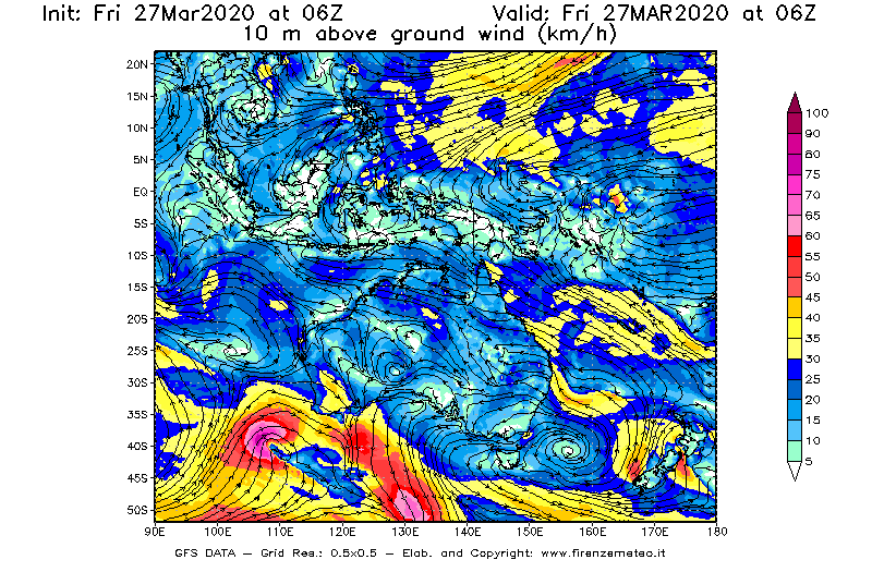 Mappa di analisi GFS - Velocità del vento a 10 metri dal suolo [km/h] in Oceania
									del 27/03/2020 06 <!--googleoff: index-->UTC<!--googleon: index-->