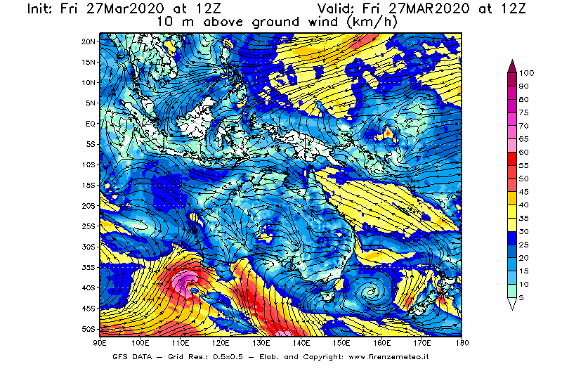 Mappa di analisi GFS - Velocità del vento a 10 metri dal suolo [km/h] in Oceania
									del 27/03/2020 12 <!--googleoff: index-->UTC<!--googleon: index-->