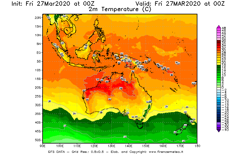 Mappa di analisi GFS - Temperatura a 2 metri dal suolo [°C] in Oceania
									del 27/03/2020 00 <!--googleoff: index-->UTC<!--googleon: index-->