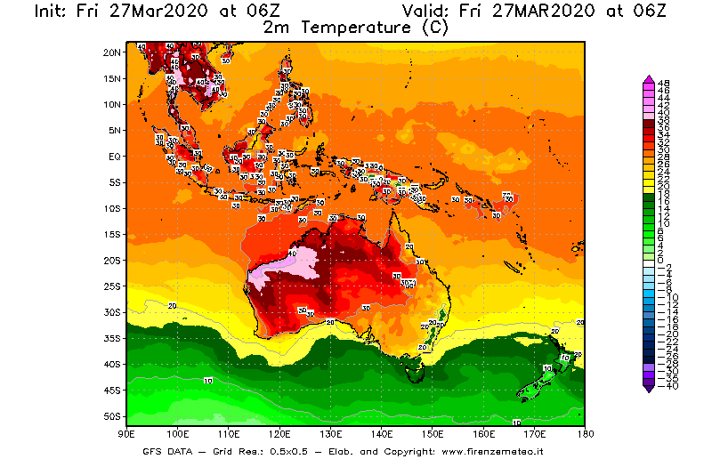 Mappa di analisi GFS - Temperatura a 2 metri dal suolo [°C] in Oceania
									del 27/03/2020 06 <!--googleoff: index-->UTC<!--googleon: index-->