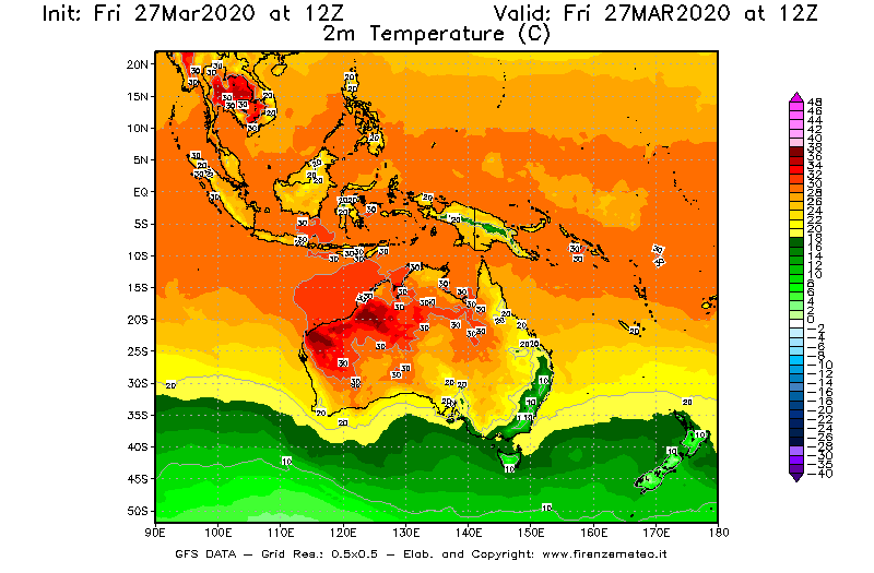 Mappa di analisi GFS - Temperatura a 2 metri dal suolo [°C] in Oceania
									del 27/03/2020 12 <!--googleoff: index-->UTC<!--googleon: index-->